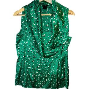 Ann Taylor Teacher Blouse 6 Kelly Green Print Sleeveless Top Drape Neck business